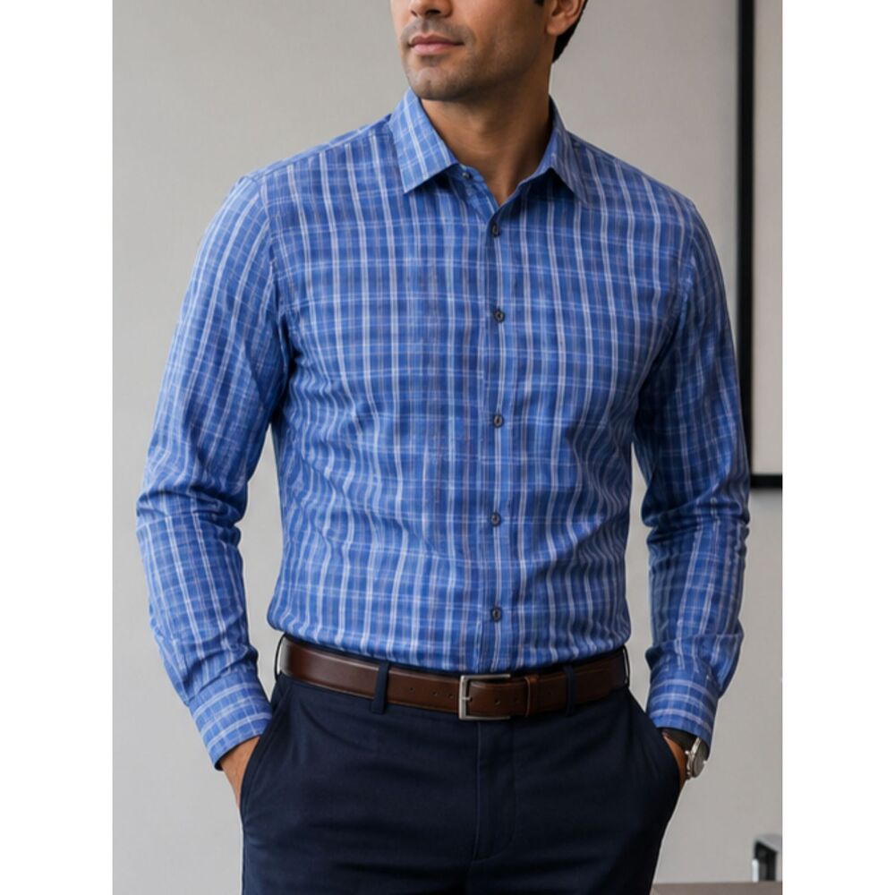 Banana Republic Slim Fit Blue Plaid Stretch Button Down Shirt Men's XL